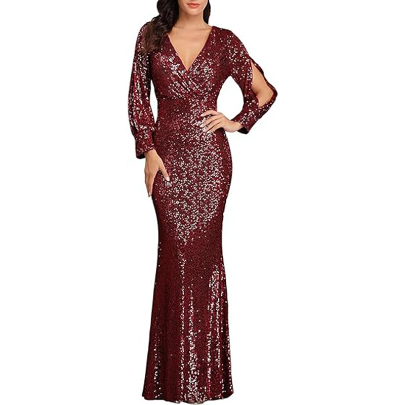 Formāla vakara kleita ar dziļu V-dekolti, garām piedurknēm, šaura silueta (Slim Fit), gara svārki