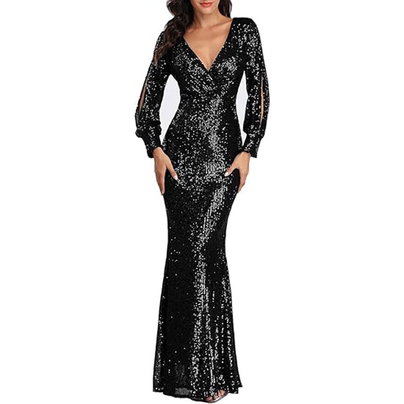 Formāla vakara kleita ar dziļu V-dekolti, garām piedurknēm, šaura silueta (Slim Fit), gara svārki