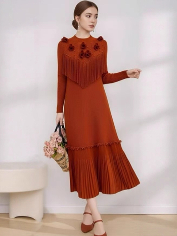 Garā plisēta kleita ar apļu kaklu, ģeometrisks raksts, izšuvumi, elastīgs poliesters, A-līnijas siluets