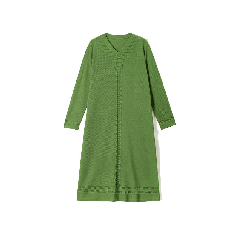 Midi kleita A līnijā ar V kaklu, garas piedurknēm, viduklis vidējā līmenī, Color Block raksts, viskozes šķiedra, kolāžas šuvju detaļa