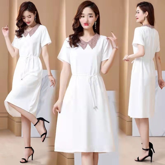 Kleita ar vidēju garumu, polo apkakle, princeses piedurknes, 3/4 piedurknes garums, Tr audums