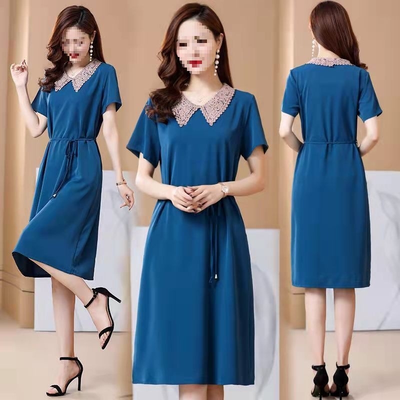 Kleita ar vidēju garumu, polo apkakle, princeses piedurknes, 3/4 piedurknes garums, Tr audums