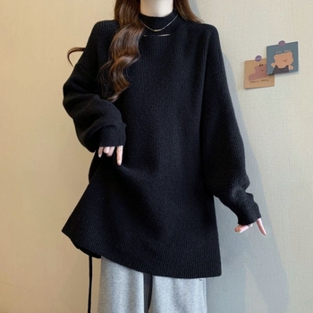 Sievietes adītā kleita ar puse augstu apkakli, garas piedurknes, viduklis vidējā līmenī, vidusa garums, taisns siluets, ķīniešu stils