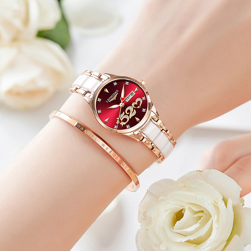 Ženski sat LEONIDAS LD80217L, kvarcni mehanizam, keramički remen, vodootpornost 30M, brojčanik 29,5 mm, luminozan kalendar i prikaz dana u tjednu