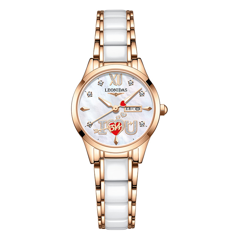 Ženski sat LEONIDAS LD80217L, kvarcni mehanizam, keramički remen, vodootpornost 30M, brojčanik 29,5 mm, luminozan kalendar i prikaz dana u tjednu