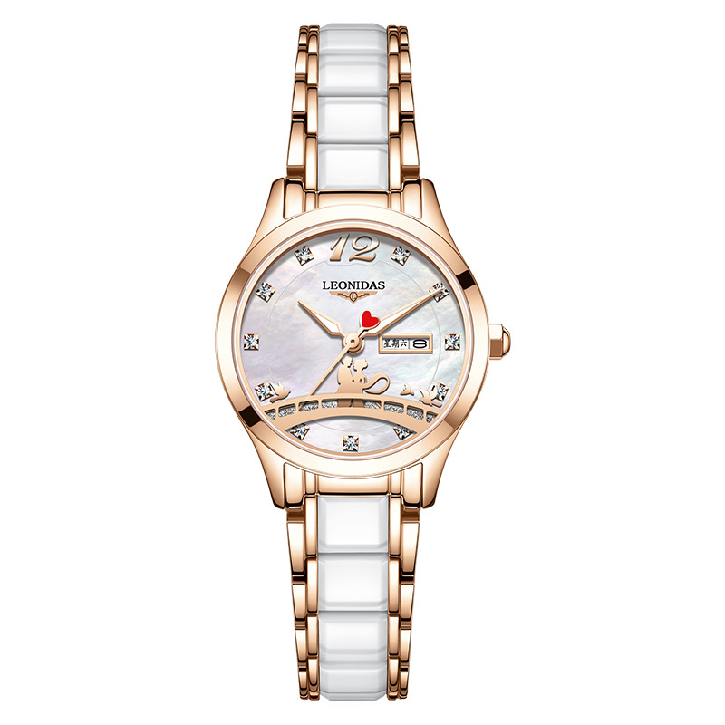 Ženski sat LEONIDAS LD80217L, kvarcni mehanizam, keramički remen, vodootpornost 30M, brojčanik 29,5 mm, luminozan kalendar i prikaz dana u tjednu