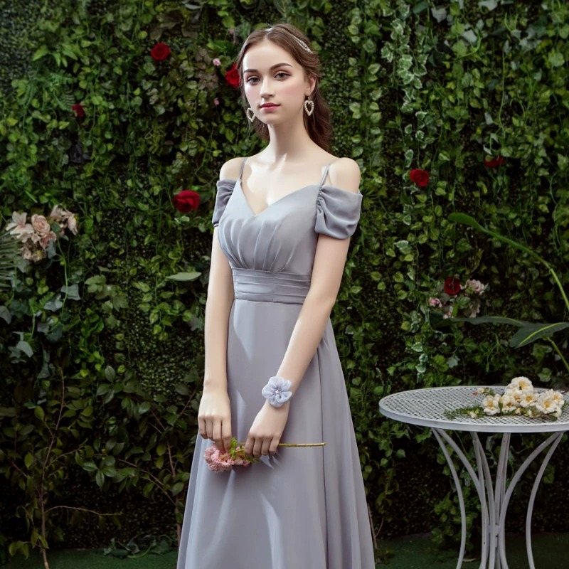 Garā līgavas māsu kleita ar vienu plecu, augsta vidukļa līnija, 3/4 piedurknēm, poliesteris