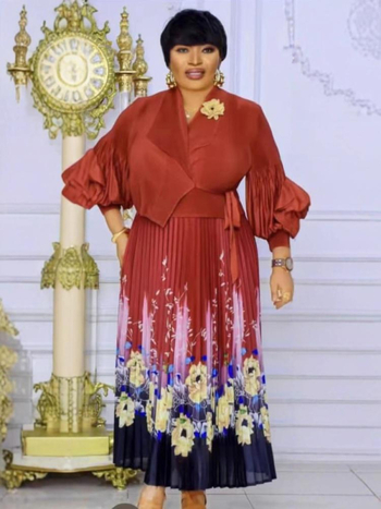 Ilga kleita ar ziedu rakstu, laternu piedurknēm, kostīma apkakle, A līnijas siluets, 95% poliester