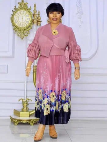 Ilga kleita ar ziedu rakstu, laternu piedurknēm, kostīma apkakle, A līnijas siluets, 95% poliester