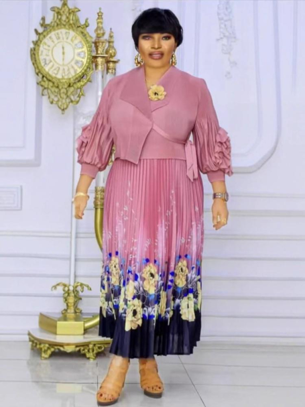 Дълга рокля с флорален принт, маншети фенерче, яка на сако, линия А, полиестер 95%