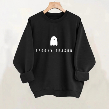 Kapucīna džemperis ar spoku zīmējumu, poliestera audums, biezs materiāls, garas piedurknes, brīva piegriezne.