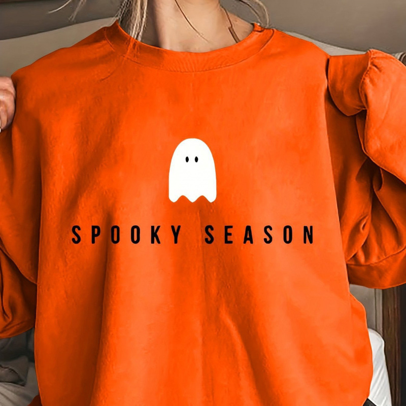 Kapucīna džemperis ar spoku zīmējumu, poliestera audums, biezs materiāls, garas piedurknes, brīva piegriezne.