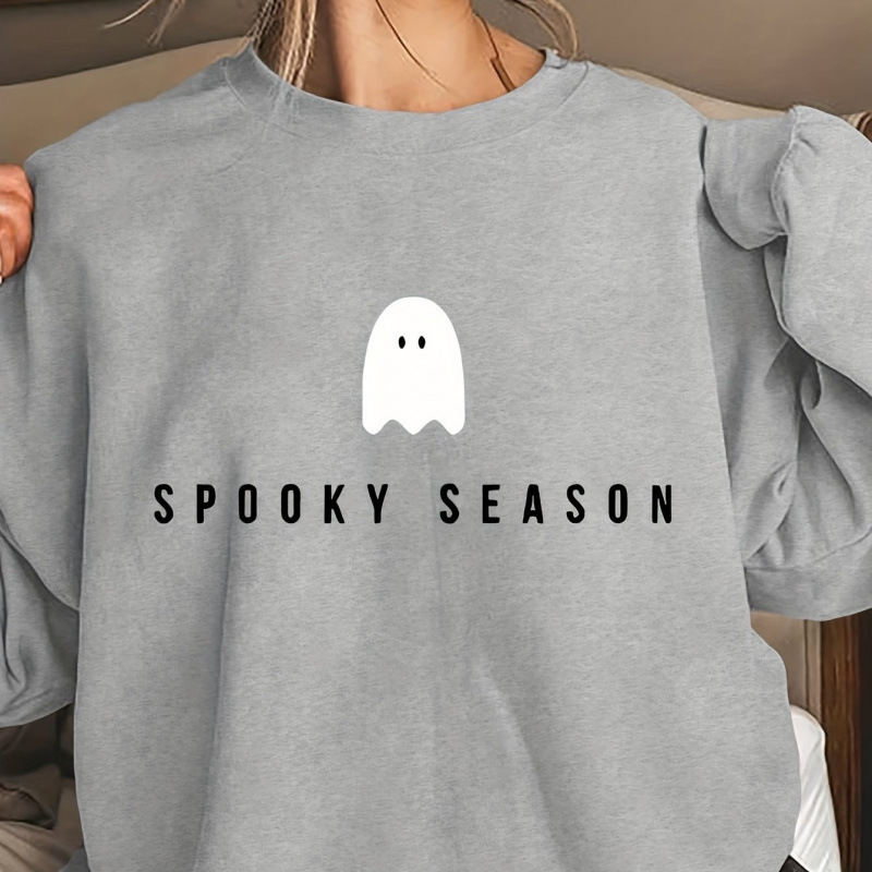 Kapucīna džemperis ar spoku zīmējumu, poliestera audums, biezs materiāls, garas piedurknes, brīva piegriezne.