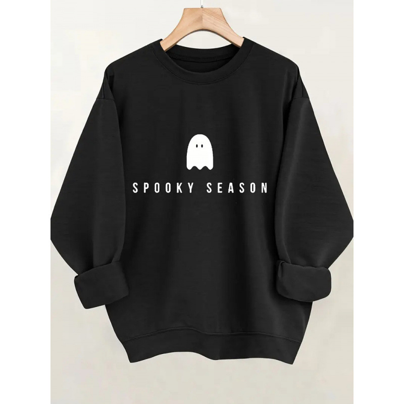 Kapucīna džemperis ar spoku zīmējumu, poliestera audums, biezs materiāls, garas piedurknes, brīva piegriezne.