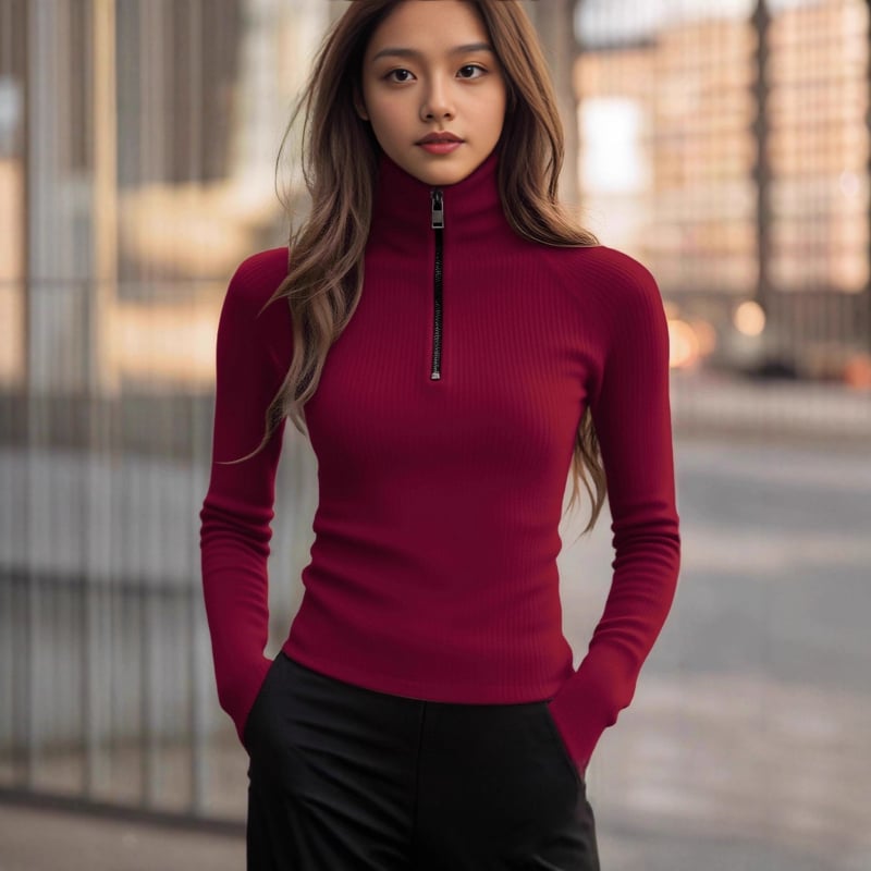 Ženska duksa/fleece majica s visokim ovratnikom, geometrijski uzorak, patchwork, slim fit, mješavina poliester-spandeks