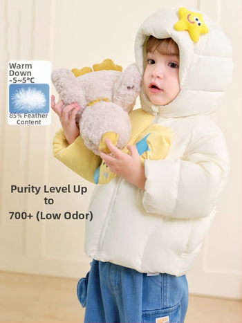 Unisex bērnu pūš jaka ar kapuci, vidēja garuma ziemas jaka, pildījums no balta pīļu pūka, brīvā piegriezums