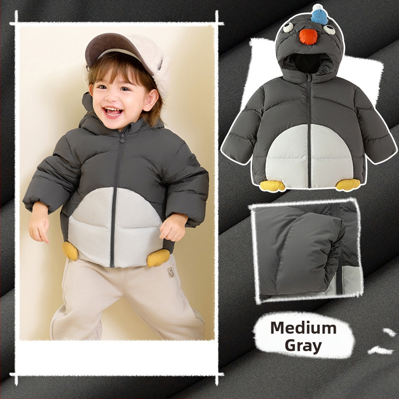 Unisex bērnu pūš jaka ar kapuci, vidēja garuma ziemas jaka, pildījums no balta pīļu pūka, brīvā piegriezums