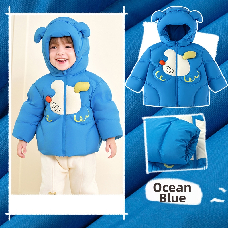 Unisex bērnu pūš jaka ar kapuci, vidēja garuma ziemas jaka, pildījums no balta pīļu pūka, brīvā piegriezums