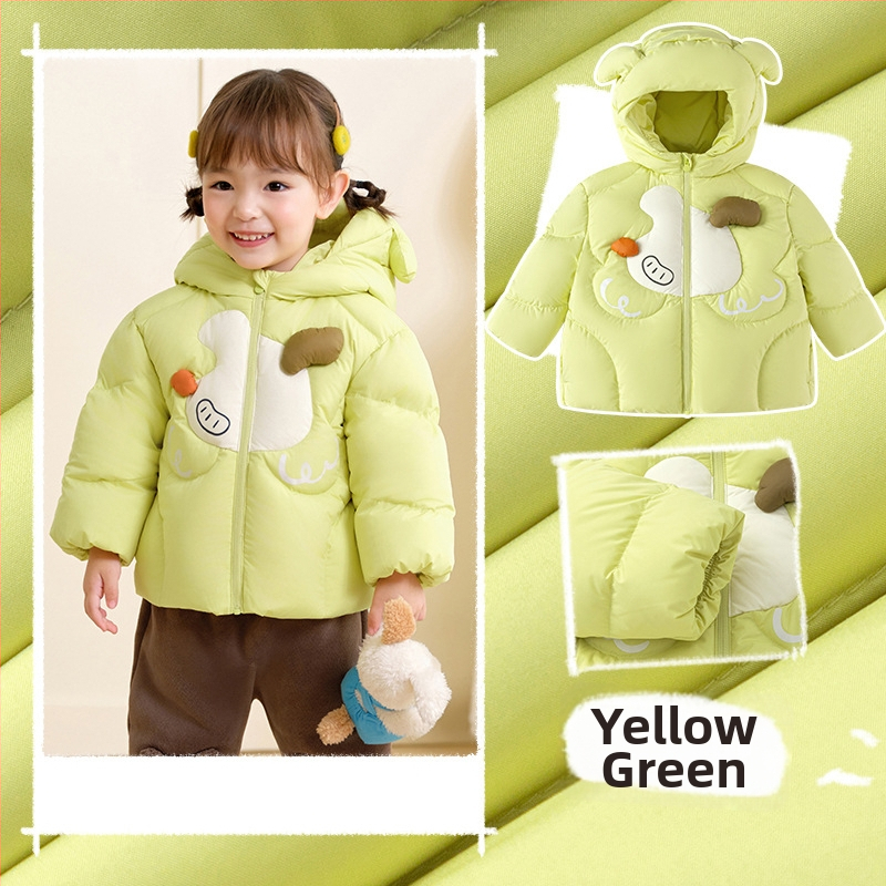 Unisex bērnu pūš jaka ar kapuci, vidēja garuma ziemas jaka, pildījums no balta pīļu pūka, brīvā piegriezums