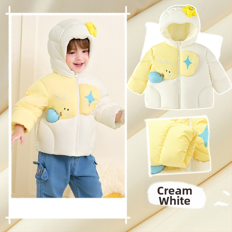 Unisex bērnu pūš jaka ar kapuci, vidēja garuma ziemas jaka, pildījums no balta pīļu pūka, brīvā piegriezums