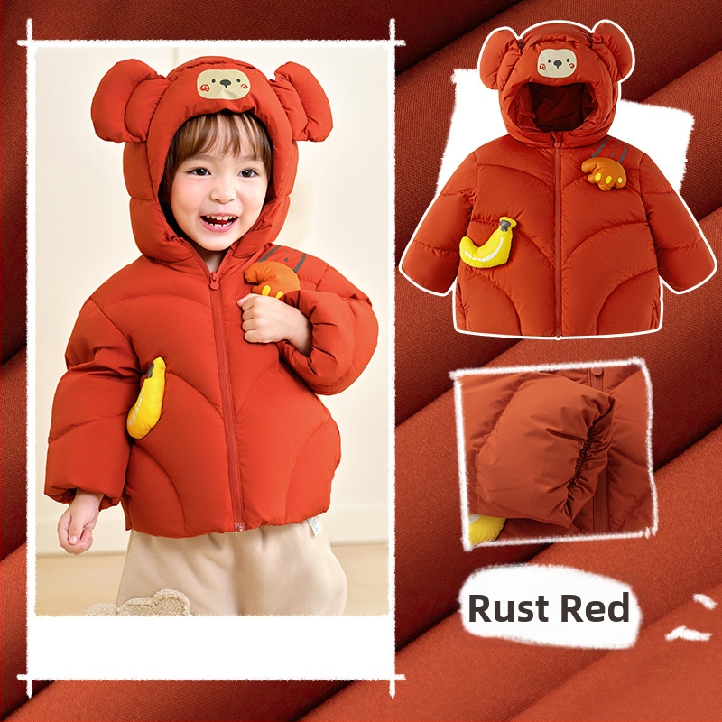 Unisex bērnu pūš jaka ar kapuci, vidēja garuma ziemas jaka, pildījums no balta pīļu pūka, brīvā piegriezums