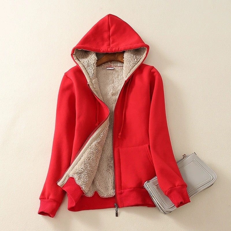 Ženski kardigan-džemper s kapuljom i zipom, debeli fleece, udoban kroj, srednja duljina, japansko-korejski ležerni stil.