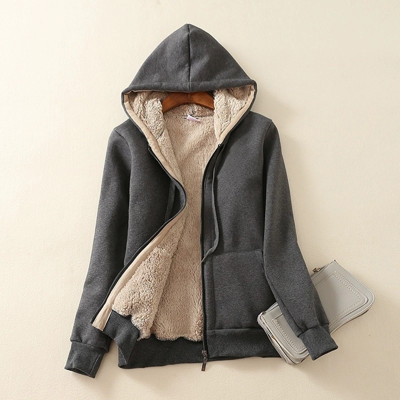 Ženski kardigan-džemper s kapuljom i zipom, debeli fleece, udoban kroj, srednja duljina, japansko-korejski ležerni stil.