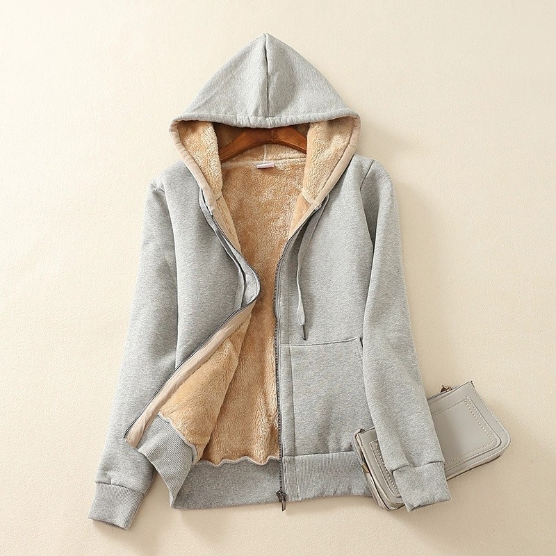 Ženski kardigan-džemper s kapuljom i zipom, debeli fleece, udoban kroj, srednja duljina, japansko-korejski ležerni stil.
