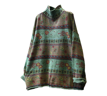 Pulover cu imprimeu floral, guler polo, mâneci lungi, croială lejeră, amestec cu spandex