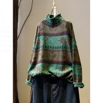 Pulover cu imprimeu floral, guler polo, mâneci lungi, croială lejeră, amestec cu spandex