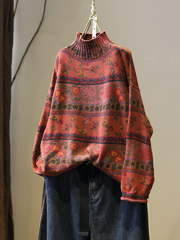 Pulover cu imprimeu floral, guler polo, mâneci lungi, croială lejeră, amestec cu spandex