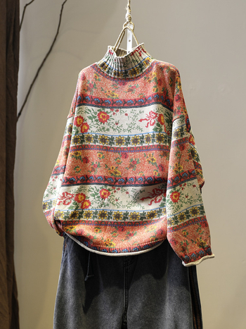 Pulover cu imprimeu floral, guler polo, mâneci lungi, croială lejeră, amestec cu spandex