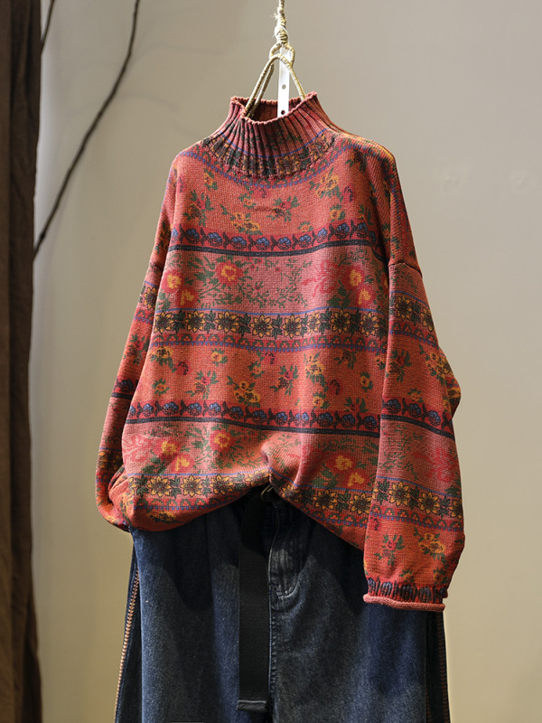 Pulover cu imprimeu floral, guler polo, mâneci lungi, croială lejeră, amestec cu spandex