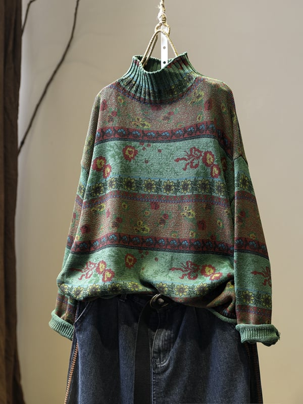 Pulover cu imprimeu floral, guler polo, mâneci lungi, croială lejeră, amestec cu spandex