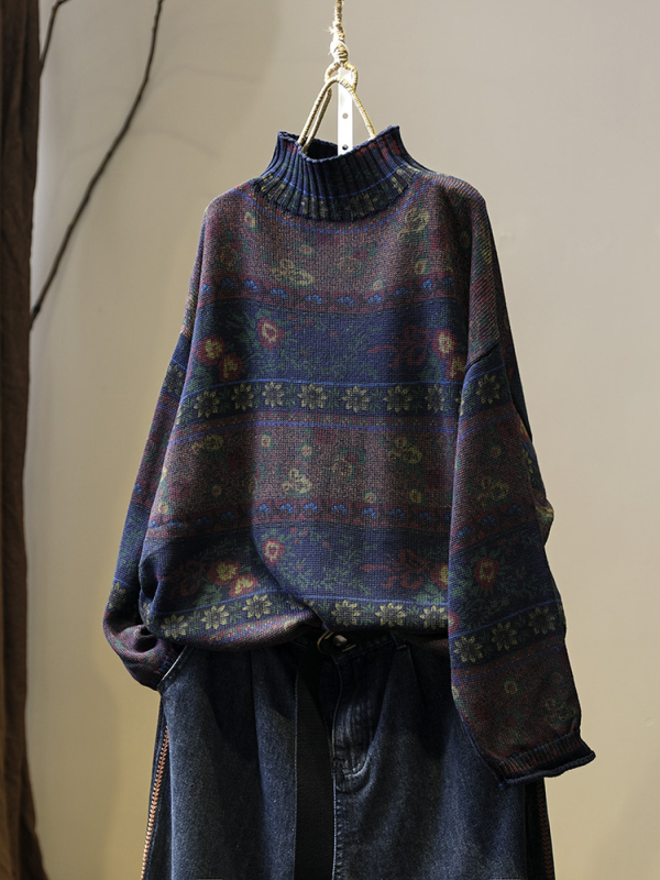 Pulover cu imprimeu floral, guler polo, mâneci lungi, croială lejeră, amestec cu spandex