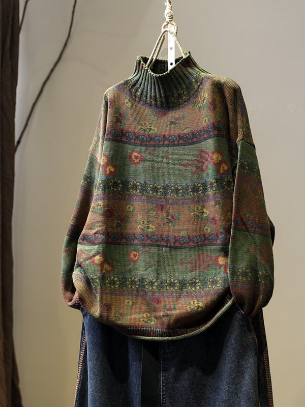 Pulover cu imprimeu floral, guler polo, mâneci lungi, croială lejeră, amestec cu spandex