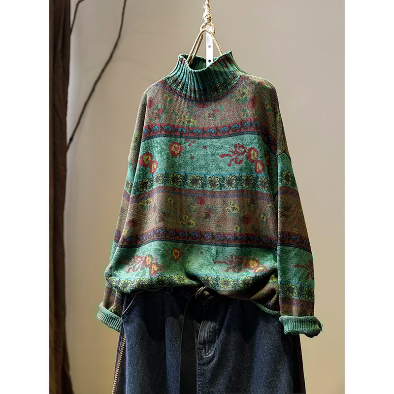 Pulover cu imprimeu floral, guler polo, mâneci lungi, croială lejeră, amestec cu spandex