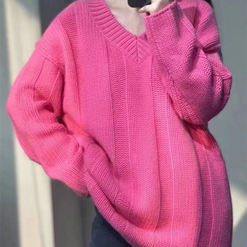 Plus izmēra chenille adījuma džemperis ar V kaklu – brīva piegriezne, elastāna maisījums