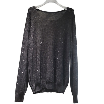 Női pulóver strasszokkal, hőfix díszítéssel, kapucnival, bő szabású, középméretű kötött