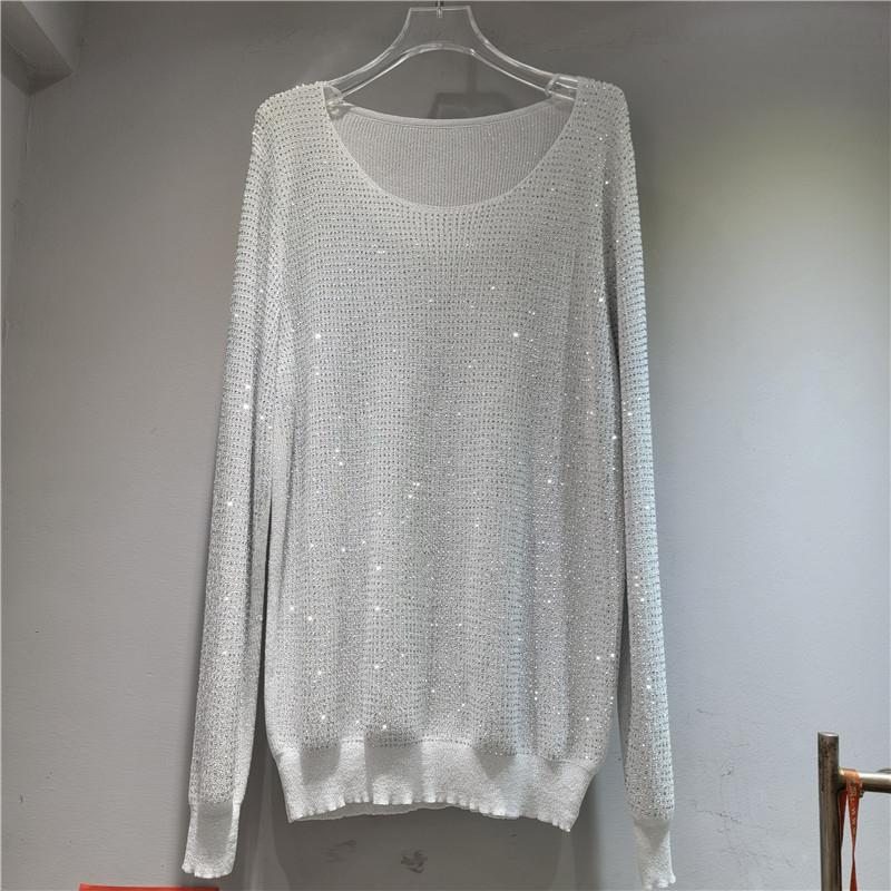 Női pulóver strasszokkal, hőfix díszítéssel, kapucnival, bő szabású, középméretű kötött