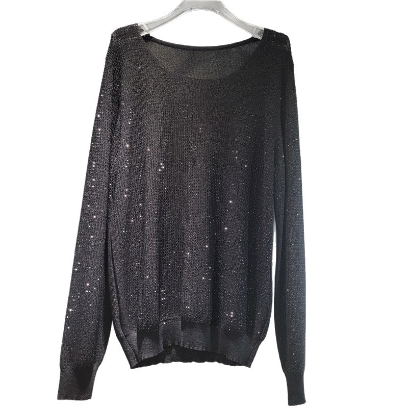 Női pulóver strasszokkal, hőfix díszítéssel, kapucnival, bő szabású, középméretű kötött