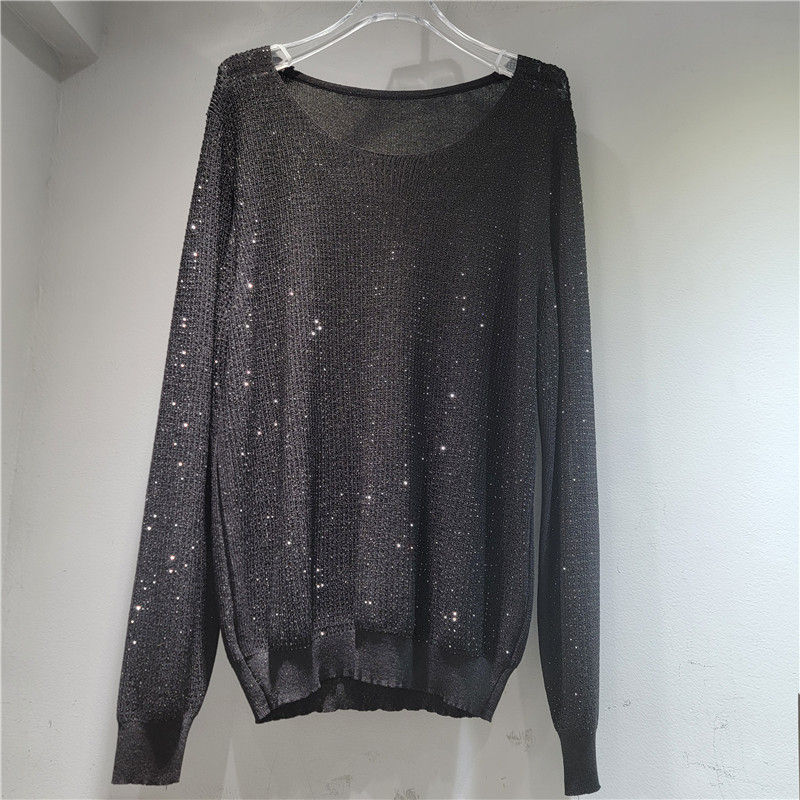 Női pulóver strasszokkal, hőfix díszítéssel, kapucnival, bő szabású, középméretű kötött