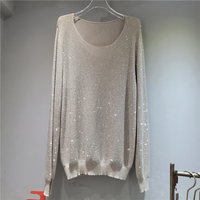 Női pulóver strasszokkal, hőfix díszítéssel, kapucnival, bő szabású, középméretű kötött