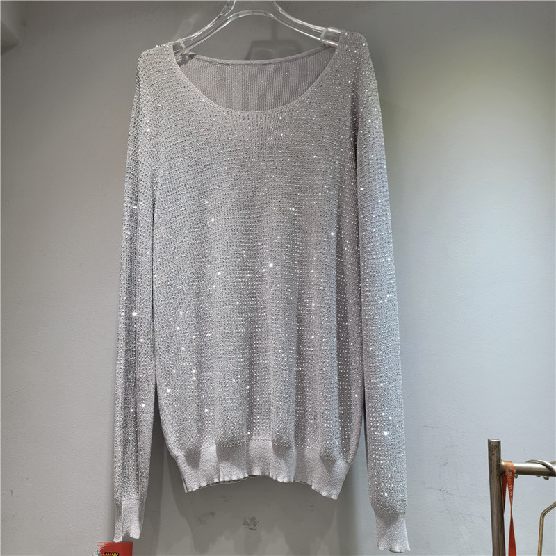 Női pulóver strasszokkal, hőfix díszítéssel, kapucnival, bő szabású, középméretű kötött