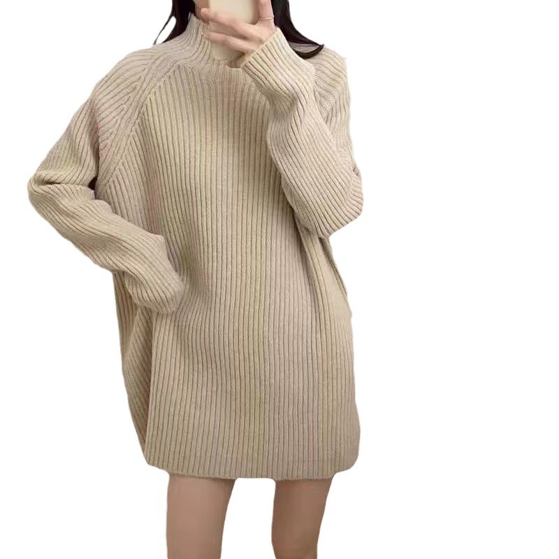 Korejskog stila, plus veličina pleteni pulover s rebrastom teksturom, polovično visokim ovratnikom, udoban slobodan kroj, srednja duljina, imitacija kašmira
