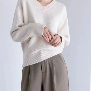 Ženski pleteni pulover za jesen/zimu s V izrezom, opuštena silueta, korejski stil, kašmir mješavina, plus veličina