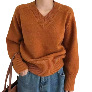 Ženski pleteni pulover za jesen/zimu s V izrezom, opuštena silueta, korejski stil, kašmir mješavina, plus veličina
