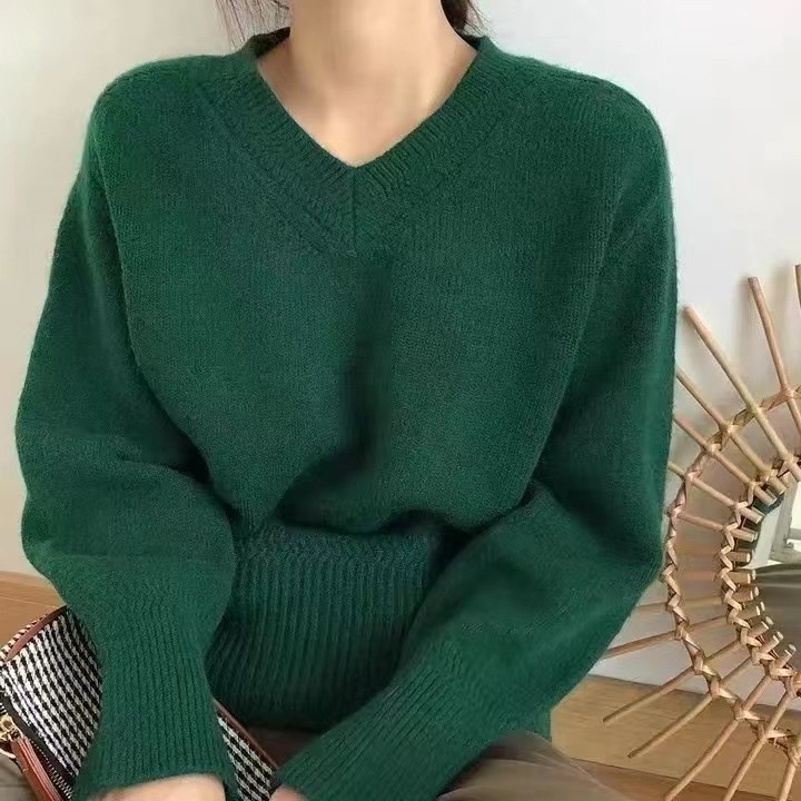 Ženski pleteni pulover za jesen/zimu s V izrezom, opuštena silueta, korejski stil, kašmir mješavina, plus veličina