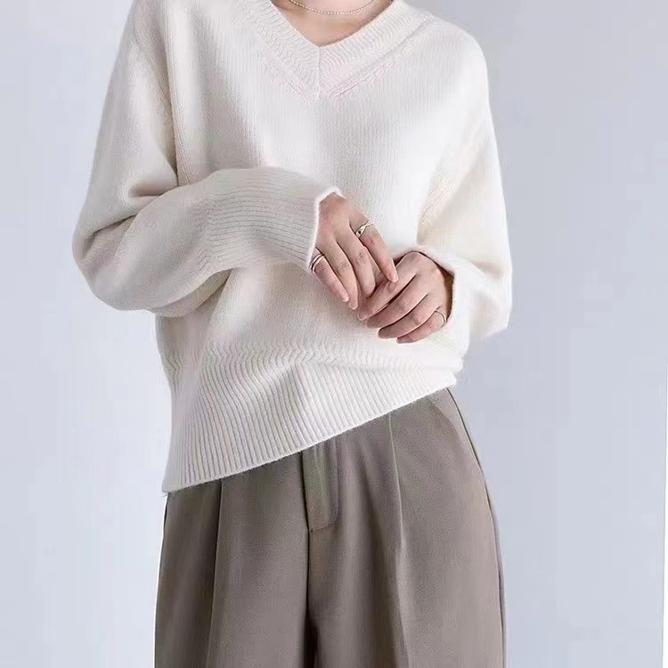 Ženski pleteni pulover za jesen/zimu s V izrezom, opuštena silueta, korejski stil, kašmir mješavina, plus veličina