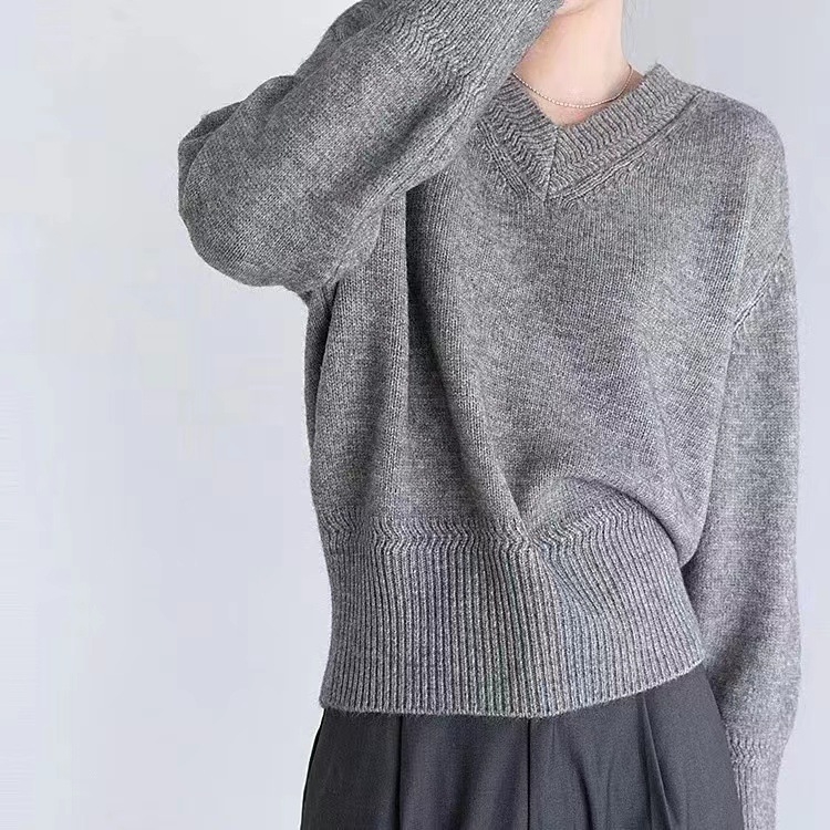Ženski pleteni pulover za jesen/zimu s V izrezom, opuštena silueta, korejski stil, kašmir mješavina, plus veličina
